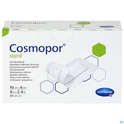 Sie sehen eine Packung Wundverband Cosmopor Steril Selbstklebend 6x 10cm 25st, Produktbild: 01 Wundverband Cosmopor Steril Selbstklebend 6x 10cm 25st, A-Nr.: 1526069 - 01