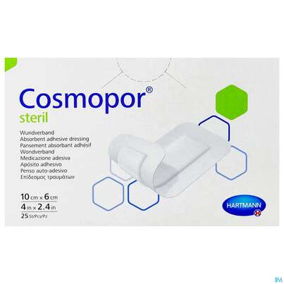 Sie sehen eine Packung Wundverband Cosmopor Steril Selbstklebend 6x 10cm 25st, Produktbild: 02 Wundverband Cosmopor Steril Selbstklebend 6x 10cm 25st, A-Nr.: 1526069 - 02