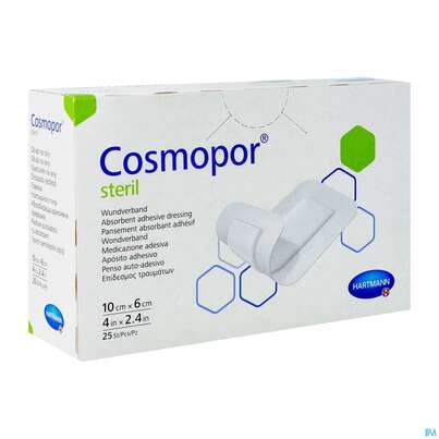 Sie sehen eine Packung Wundverband Cosmopor Steril Selbstklebend 6x 10cm 25st, Produktbild: 03 Wundverband Cosmopor Steril Selbstklebend 6x 10cm 25st, A-Nr.: 1526069 - 03