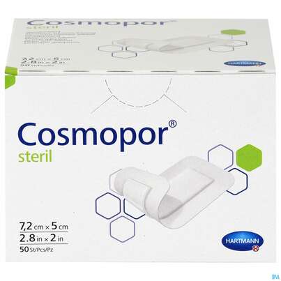Sie sehen eine Packung Wundverband Cosmopor Steril Selbstklebend 5x 7,2cm 50st, Produktbild: 01 Wundverband Cosmopor Steril Selbstklebend 5x 7,2cm 50st, A-Nr.: 1526052 - 01