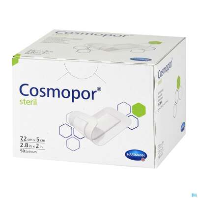 Sie sehen eine Packung Wundverband Cosmopor Steril Selbstklebend 5x 7,2cm 50st, Produktbild: 02 Wundverband Cosmopor Steril Selbstklebend 5x 7,2cm 50st, A-Nr.: 1526052 - 02