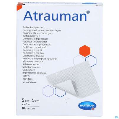 Sie sehen eine Packung Wundauflagen Atrauman Salbenvlies Wirkstofffr Steril 5x 5cm 10st, Produktbild: 01 Wundauflagen Atrauman Salbenvlies Wirkstofffr Steril 5x 5cm 10st, A-Nr.: 1520061 - 01