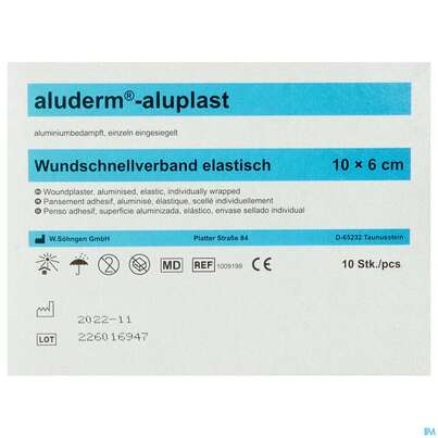Sie sehen eine Packung Aluderm/aluplast Wundverbandpflaster Elastisch 10x 6cm 10st, Produktbild: 01 Aluderm/aluplast Wundverbandpflaster Elastisch 10x 6cm 10st, A-Nr.: 1380832 - 01