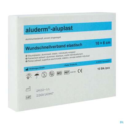 Sie sehen eine Packung Aluderm/aluplast Wundverbandpflaster Elastisch 10x 6cm 10st, Produktbild: 02 Aluderm/aluplast Wundverbandpflaster Elastisch 10x 6cm 10st, A-Nr.: 1380832 - 02