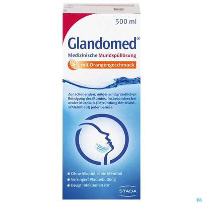 Sie sehen eine Packung Mundwasser/spuelung Glandomed Mundspuelung 500ml, Produktbild: 01 Mundwasser/spuelung Glandomed Mundspuelung 500ml, A-Nr.: 2830390 - 01