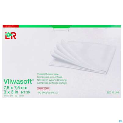 Sie sehen eine Packung Vlieskompressen Vliwasoft 6fach Steril 7,5x 7,5cm 100st, Produktbild: 02 Vlieskompressen Vliwasoft 6fach Steril 7,5x 7,5cm 100st, A-Nr.: 1372749 - 02
