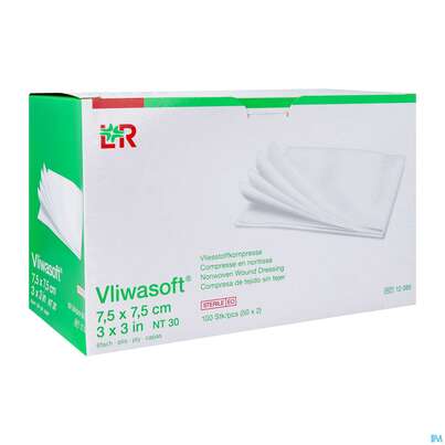 Sie sehen eine Packung Vlieskompressen Vliwasoft 6fach Steril 7,5x 7,5cm 100st, Produktbild: 03 Vlieskompressen Vliwasoft 6fach Steril 7,5x 7,5cm 100st, A-Nr.: 1372749 - 03