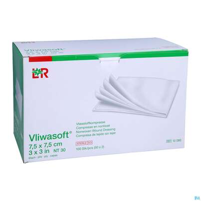 Sie sehen eine Packung Vlieskompressen Vliwasoft 6fach Steril 7,5x 7,5cm 100st, Produktbild: 05 Vlieskompressen Vliwasoft 6fach Steril 7,5x 7,5cm 100st, A-Nr.: 1372749 - 05