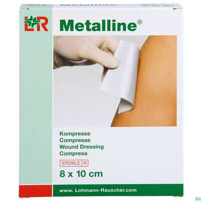 Sie sehen eine Packung Kompressen Metalline-lohmann Entkeimt 10x 8cm 10st, Produktbild: 01 Kompressen Metalline-lohmann Entkeimt 10x 8cm 10st, A-Nr.: 0191193 - 01