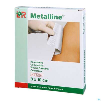 Sie sehen eine Packung Kompressen Metalline-lohmann Entkeimt 10x 8cm 10st, Produktbild: 04 Kompressen Metalline-lohmann Entkeimt 10x 8cm 10st, A-Nr.: 0191193 - 04