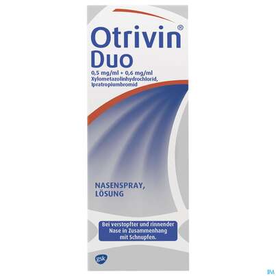 Sie sehen eine Packung Otrivin Nasenspray Duo Lösung 0,5mg/ml+0,6mg/ml 10ml, Produktbild: 01 Otrivin Nasenspray Duo Lösung 0,5mg/ml+0,6mg/ml 10ml, A-Nr.: 3902938 - 01