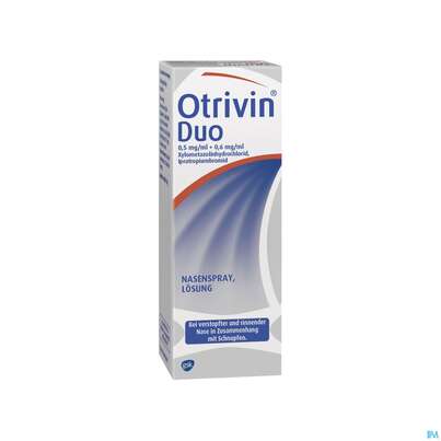 Sie sehen eine Packung Otrivin Nasenspray Duo Lösung 0,5mg/ml+0,6mg/ml 10ml, Produktbild: 03 Otrivin Nasenspray Duo Lösung 0,5mg/ml+0,6mg/ml 10ml, A-Nr.: 3902938 - 03