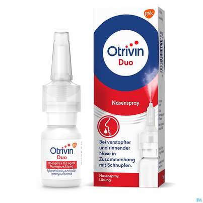 Sie sehen eine Packung Otrivin Nasenspray Duo Lösung 0,5mg/ml+0,6mg/ml 10ml, Produktbild: 05 Otrivin Nasenspray Duo Lösung 0,5mg/ml+0,6mg/ml 10ml, A-Nr.: 3902938 - 05