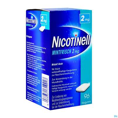 Sie sehen eine Packung Nicotinell Wirkstoffhaltige Kaugummis Z.raucherentwoehnung Mintfrisch 2mg 96st, Produktbild: 05 Nicotinell Wirkstoffhaltige Kaugummis Z.raucherentwoehnung Mintfrisch 2mg 96st, A-Nr.: 1319910 - 05