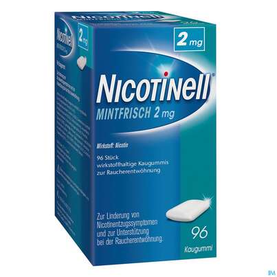 Sie sehen eine Packung Nicotinell Wirkstoffhaltige Kaugummis Z.raucherentwoehnung Mintfrisch 2mg 96st, Produktbild: 06 Nicotinell Wirkstoffhaltige Kaugummis Z.raucherentwoehnung Mintfrisch 2mg 96st, A-Nr.: 1319910 - 06