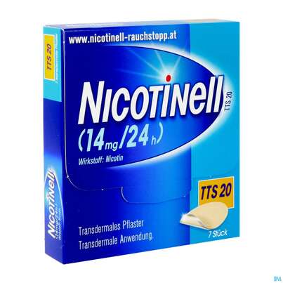 Sie sehen eine Packung Nicotinell Transdermale Pflaster Tts 20 (14mg/24h) 7st, Produktbild: 02 Nicotinell Transdermale Pflaster Tts 20 (14mg/24h) 7st, A-Nr.: 1254524 - 02