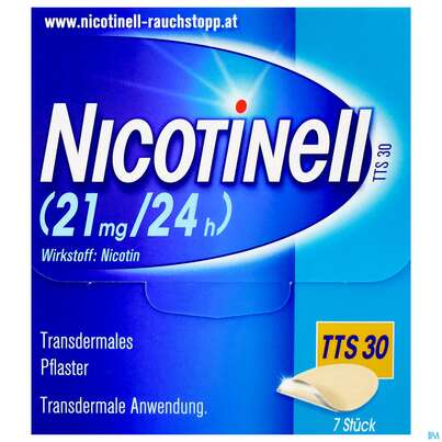 Sie sehen eine Packung Nicotinell Transdermale Plfaster Tts 30 (21mg/24h) 7st, Produktbild: 01 Nicotinell Transdermale Plfaster Tts 30 (21mg/24h) 7st, A-Nr.: 1254553 - 01