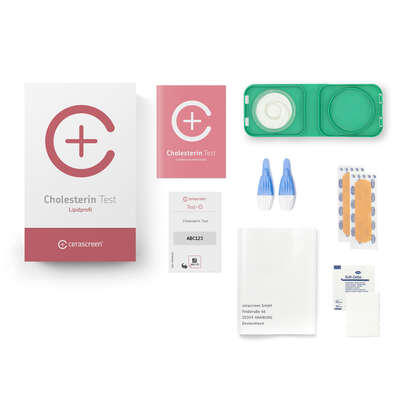 Sie sehen eine Packung cerascreen Cholesterin Test, Produktbild: 02 cerascreen Cholesterin Test, A-Nr.: 4879288 - 02