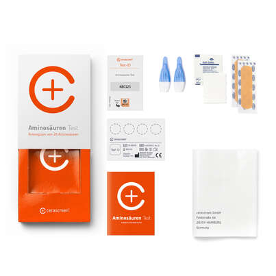 Sie sehen eine Packung cerascreen Aminosäuren Test, Produktbild: 02 cerascreen Aminosäuren Test, A-Nr.: 5442872 - 02
