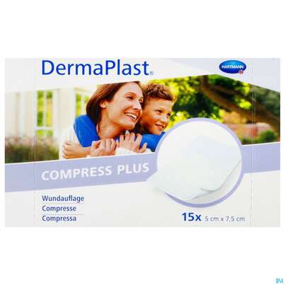 Sie sehen eine Packung Dermaplast Compress Plus 5x7,5cm 15st, Produktbild: 01 Dermaplast Compress Plus 5x7,5cm 15st, A-Nr.: 4358336 - 01
