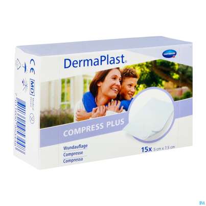 Sie sehen eine Packung Dermaplast Compress Plus 5x7,5cm 15st, Produktbild: 02 Dermaplast Compress Plus 5x7,5cm 15st, A-Nr.: 4358336 - 02