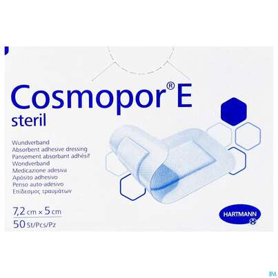 Sie sehen eine Packung Wundverband Cosmopor/e Steril Selbstklebend 5x 7,2cm 50st, Produktbild: 01 Wundverband Cosmopor/e Steril Selbstklebend 5x 7,2cm 50st, A-Nr.: 2773717 - 01