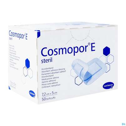 Sie sehen eine Packung Wundverband Cosmopor/e Steril Selbstklebend 5x 7,2cm 50st, Produktbild: 02 Wundverband Cosmopor/e Steril Selbstklebend 5x 7,2cm 50st, A-Nr.: 2773717 - 02