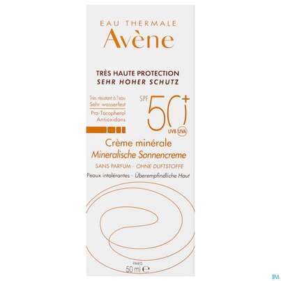 Sie sehen eine Packung Avène Mineralische Sonnencreme Spf 50+ 50ml, Produktbild: 01 Avène Mineralische Sonnencreme Spf 50+ 50ml, A-Nr.: 2993407 - 01