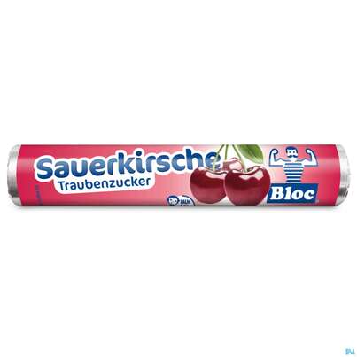 Sie sehen eine Packung Bloc Traubenzucker Rollen Sauerkirsch 42g, Produktbild: 01 Bloc Traubenzucker Rollen Sauerkirsch 42g, A-Nr.: 0753277 - 01