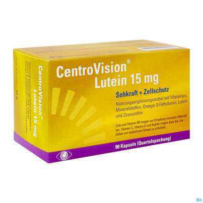 Sie sehen eine Packung Lutein Kapseln 15mg -centrovision 90st, Produktbild: 02 Lutein Kapseln 15mg -centrovision 90st, A-Nr.: 5269095 - 02