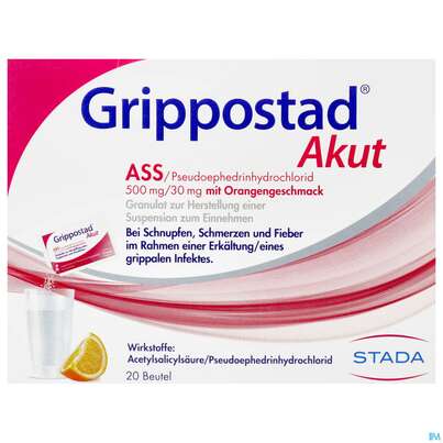 Sie sehen eine Packung Grippostad Akut Ass/pseudoephedrin 500mg/30mg Gran.z.herst E.susp.z.einn Orange 20st, Produktbild: 01 Grippostad Akut Ass/pseudoephedrin 500mg/30mg Gran.z.herst E.susp.z.einn Orange 20st, A-Nr.: 4979759 - 01