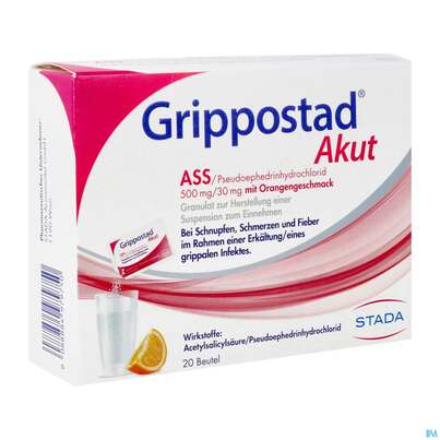 Sie sehen eine Packung Grippostad Akut Ass/pseudoephedrin 500mg/30mg Gran.z.herst E.susp.z.einn Orange 20st, Produktbild: 02 Grippostad Akut Ass/pseudoephedrin 500mg/30mg Gran.z.herst E.susp.z.einn Orange 20st, A-Nr.: 4979759 - 02