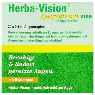 Sie sehen eine Packung Augentropfen Herba-vision Augentrost/sine 0,4ml 20st, Produktbild: 01 Augentropfen Herba-vision Augentrost/sine 0,4ml 20st, A-Nr.: 3829650 - 01
