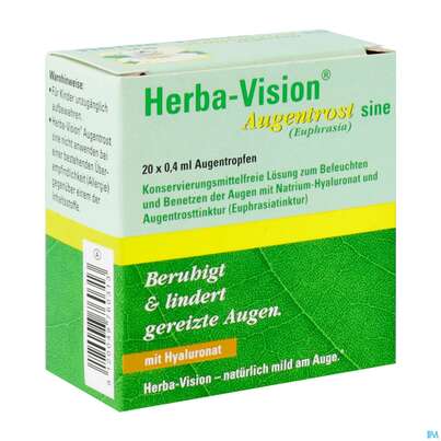 Sie sehen eine Packung Augentropfen Herba-vision Augentrost/sine 0,4ml 20st, Produktbild: 02 Augentropfen Herba-vision Augentrost/sine 0,4ml 20st, A-Nr.: 3829650 - 02