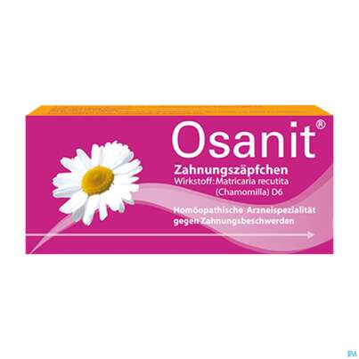 Sie sehen eine Packung Osanit Zahnungszäpfchen 12 Stück, Produktbild: 01 Osanit Zahnungszäpfchen 12 Stück, A-Nr.: 3511818 - 01