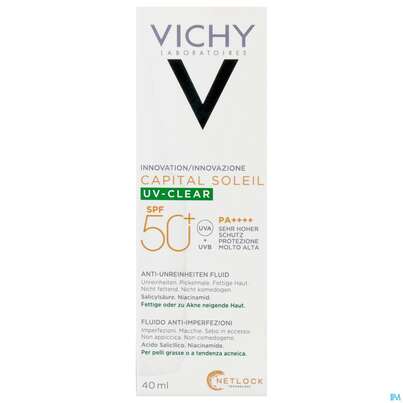 Sie sehen eine Packung Sonnenprodukte Vichy/capital Soleil Uv-clear Lsf50+ 40ml, Produktbild: 01 Sonnenprodukte Vichy/capital Soleil Uv-clear Lsf50+ 40ml, A-Nr.: 5672891 - 01