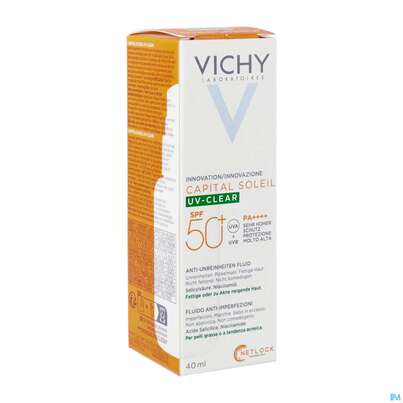 Sie sehen eine Packung Sonnenprodukte Vichy/capital Soleil Uv-clear Lsf50+ 40ml, Produktbild: 02 Sonnenprodukte Vichy/capital Soleil Uv-clear Lsf50+ 40ml, A-Nr.: 5672891 - 02