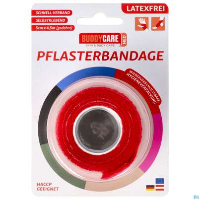 Sie sehen eine Packung Buddycare Pflasterbandage Med Latexfrei Flexibel Kohaesiv 5cmx 4,5m Rot 1st, Produktbild: 01 Buddycare Pflasterbandage Med Latexfrei Flexibel Kohaesiv 5cmx 4,5m Rot 1st, A-Nr.: 5289407 - 01