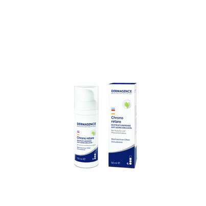 Sie sehen eine Packung Dermasence Chrono retare Restrukturierende Anti-Aging-Emulsion, Produktbild: 01 Dermasence Chrono retare Restrukturierende Anti-Aging-Emulsion, A-Nr.: 5712478 - 01