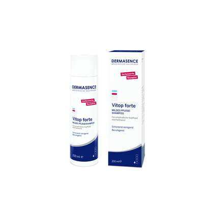 Sie sehen eine Packung Dermasence Vitop forte Mildes Pflegeshampoo, Produktbild: 01 Dermasence Vitop forte Mildes Pflegeshampoo, A-Nr.: 5599390 - 01