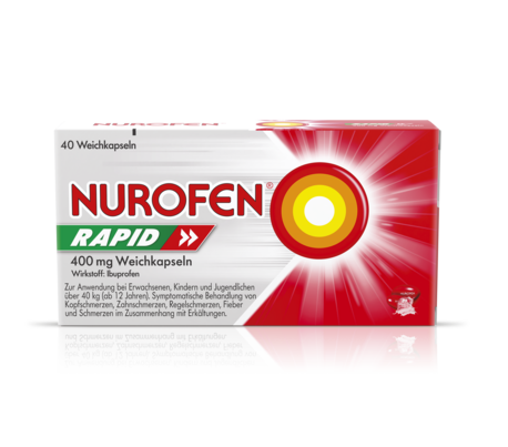 Sie sehen eine Packung Nurofen Rapid 400 mg Weichkapseln 40 Stk, Produktbild: 01 Nurofen Rapid 400 mg Weichkapseln 40 Stk, A-Nr.: 4974147 - 01