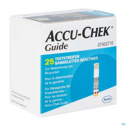 Sie sehen eine Packung Diagnostika U.zubehoer Accu-chek -roche Diabetes Guide Glucose Streifen 25st, Produktbild: 02 Diagnostika U.zubehoer Accu-chek -roche Diabetes Guide Glucose Streifen 25st, A-Nr.: 4578925 - 02