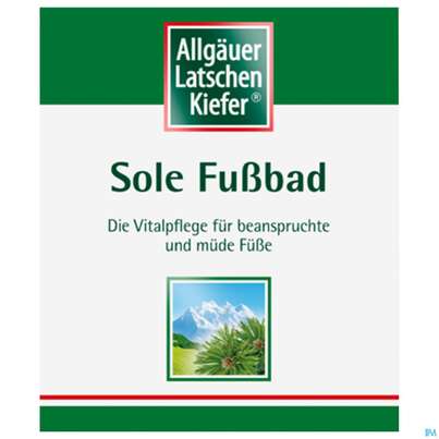 Sie sehen eine Packung Allgaeuer Latschenkiefer Sole-fussbad 10x10 100g, Produktbild: 02 Allgaeuer Latschenkiefer Sole-fussbad 10x10 100g, A-Nr.: 0864574 - 02