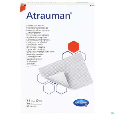 Sie sehen eine Packung Wundauflagen Atrauman Salbenvlies Wirkstofffr Steril 7,5x 10cm 50st, Produktbild: 01 Wundauflagen Atrauman Salbenvlies Wirkstofffr Steril 7,5x 10cm 50st, A-Nr.: 1708882 - 01