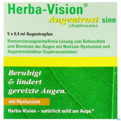 Sie sehen eine Packung Augentropfen Herba-vision Augentrost/sine 0,4ml 5st, Produktbild: 01 Augentropfen Herba-vision Augentrost/sine 0,4ml 5st, A-Nr.: 3833031 - 01
