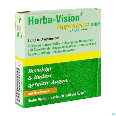 Sie sehen eine Packung Augentropfen Herba-vision Augentrost/sine 0,4ml 5st, Produktbild: 02 Augentropfen Herba-vision Augentrost/sine 0,4ml 5st, A-Nr.: 3833031 - 02