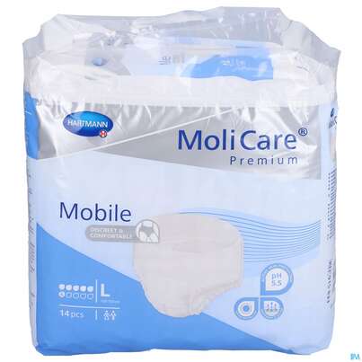Sie sehen eine Packung Inkontinenz Molicare Premium/mobile/6 Tropfen Blau L 100-150cm 14st, Produktbild: 01 Inkontinenz Molicare Premium/mobile/6 Tropfen Blau L 100-150cm 14st, A-Nr.: 2581538 - 01