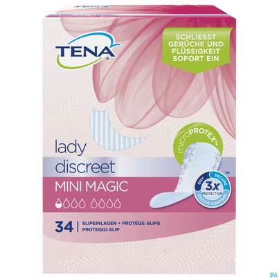Sie sehen eine Packung Inkontinenz Tena Discreet Einlage Mini Magic 761064 34st, Produktbild: 01 Inkontinenz Tena Discreet Einlage Mini Magic 761064 34st, A-Nr.: 4838651 - 01