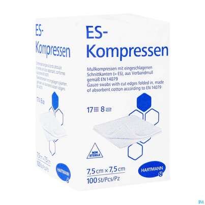 Sie sehen eine Packung Mullkompressen-es Hartmann/unsteril 8fach 17faedig 7,5x 7,5cm 100st, Produktbild: 02 Mullkompressen-es Hartmann/unsteril 8fach 17faedig 7,5x 7,5cm 100st, A-Nr.: 1152918 - 02