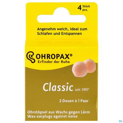 Sie sehen eine Packung Ohrenschutz Ohropax Classic Ohrstoepsel Wachs 2 Faltschachtelngerx2 4st, Produktbild: 01 Ohrenschutz Ohropax Classic Ohrstoepsel Wachs 2 Faltschachtelngerx2 4st, A-Nr.: 3282683 - 01